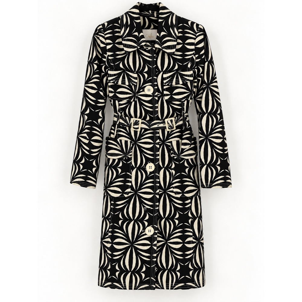 Tracy Reese Trench Coat Womens 8 Black White Silk Cotton Geometric Mod Aesthetic